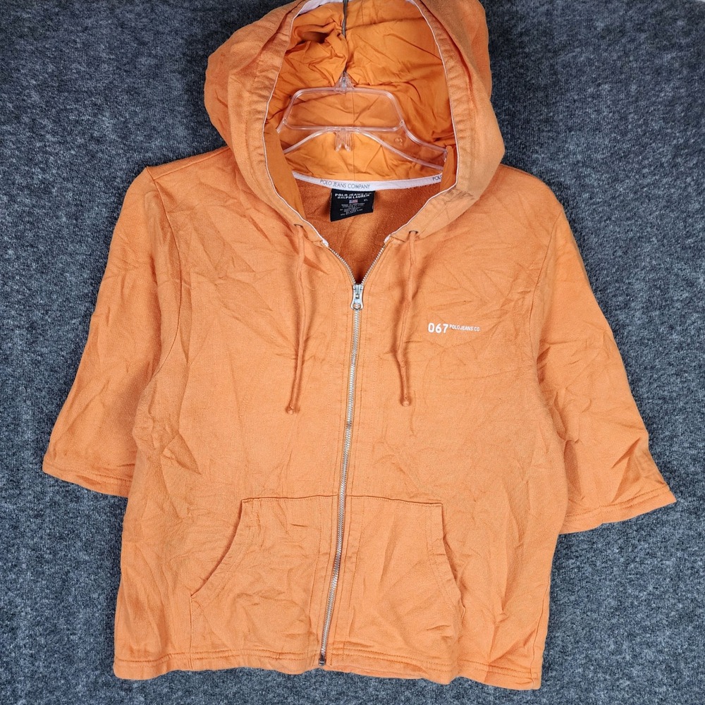 Polo Jeans Co Ralph Lauren Hoodie Womens XL Orange Short Sleeve Full Zip Graphic